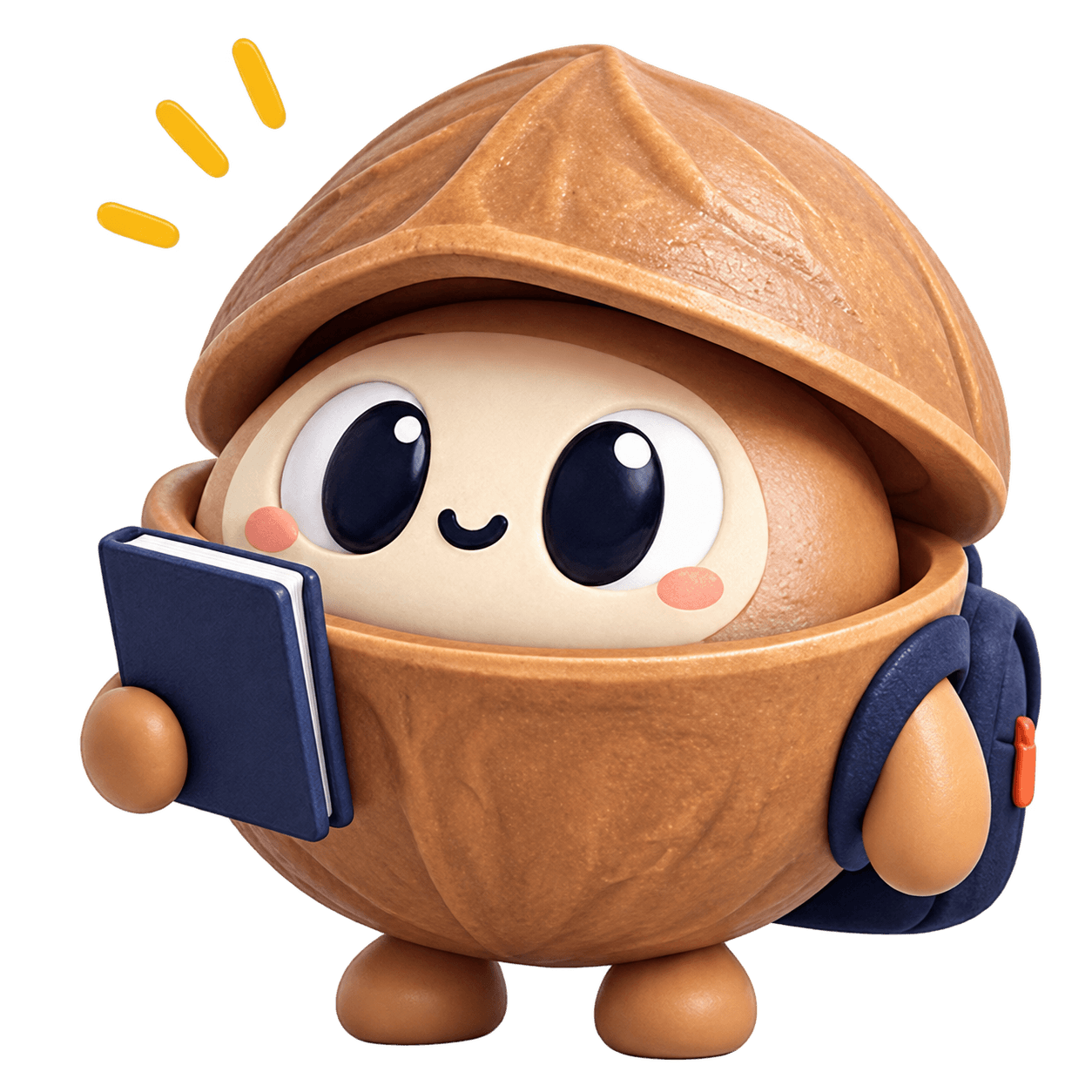 A walnut study buddy holding a navy book and wearing a backpack